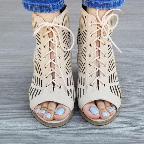 Open Toe Laced Up Spring Cut Out Ankle Booties - P - Picture 6 of 8